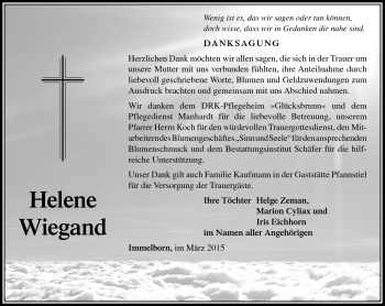 Traueranzeige von Helene Wiegand von Südthüringer Presse