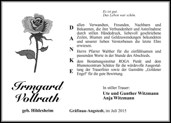 Traueranzeige von Irmgard Vollrath von Südthüringer Presse