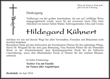 Traueranzeige von Hildegard Kühnert von Südthüringer Presse