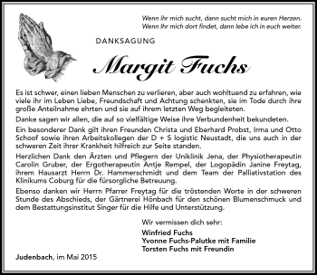 Traueranzeige von Margit Fuchs von Südthüringer Presse