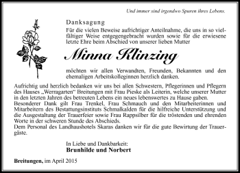 Traueranzeige von Minna Klinzing von Südthüringer Presse