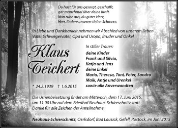 Traueranzeige von Klaus Teichert von Südthüringer Presse