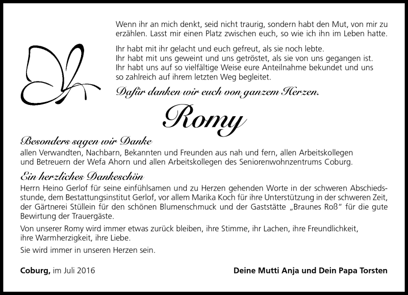  Traueranzeige für Romy Luther vom 16.07.2016 aus Neue Presse Coburg