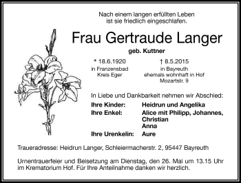 Traueranzeige von Gertraude Langer von Frankenpost
