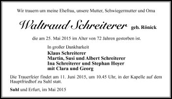 Traueranzeige von Waltraud Schreiterer von Südthüringer Presse