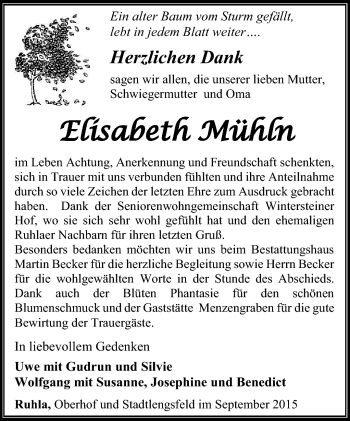 Traueranzeige von Elisabeth Mühln von Südthüringer Presse