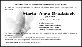 Traueranzeige von Maria-Anna Bradatsch von Südthüringer Presse