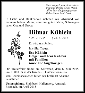 Traueranzeige von Hilmar Kühlein von Südthüringer Presse