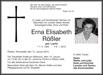 Traueranzeige von Erna Elisabeth Rößler von 23320