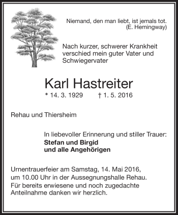 Traueranzeige von Karl Hastreiter von Frankenpost