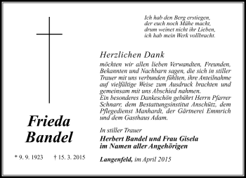 Traueranzeige von Frieda Bandel von Südthüringer Presse