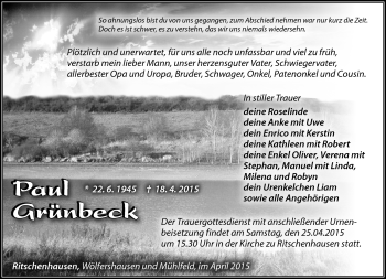 Traueranzeige von Paul Grünbeck von Südthüringer Presse