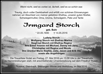 Traueranzeige von Irmgard Storch von Südthüringer Presse