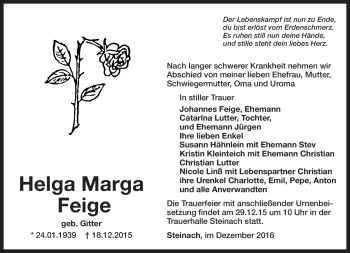 Traueranzeige von Helga Marga Feige von Südthüringer Presse
