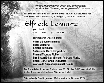 Traueranzeige von Elfriede Lennartz von Südthüringer Presse