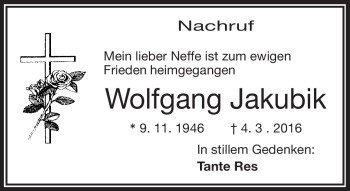 Traueranzeige von Wolfgang Jakubik von Frankenpost