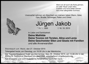 Traueranzeige von Jürgen Jakob von Neue Presse Coburg