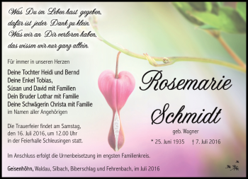 Traueranzeige von Rosemarie Schmidt von Südthüringer Presse