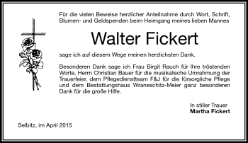 Traueranzeige von Walter Fickert von Frankenpost