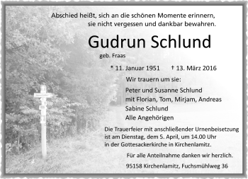 Traueranzeige von Gudrun Schlund von Frankenpost