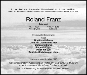 Traueranzeige von Roland Franz von Neue Presse Coburg