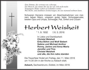 Traueranzeige von Herbert Weisheit von Südthüringer Presse