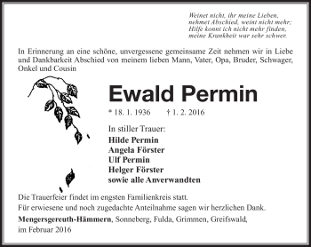 Traueranzeige von Ewald Permin von Südthüringer Presse