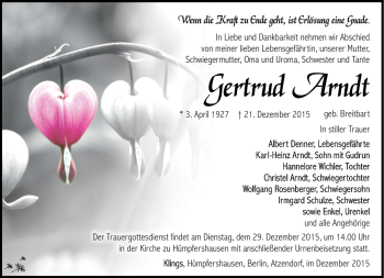 Traueranzeige von Gertrud Arndt von Südthüringer Presse
