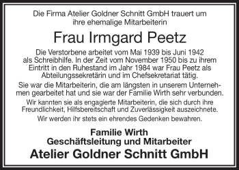 Traueranzeige von Irmgard Peetz von Frankenpost