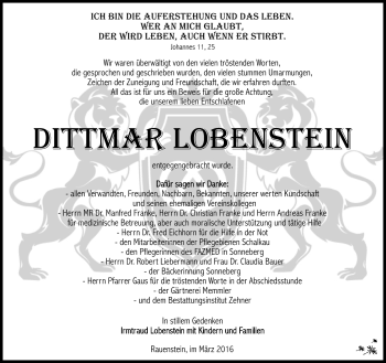 Traueranzeige von Dittmar Lobenstein von Südthüringer Presse
