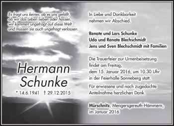 Traueranzeige von Hermann Schunke von Südthüringer Presse