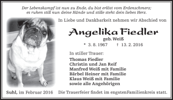 Traueranzeige von Angelika Fiedler von Südthüringer Presse