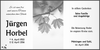 Traueranzeige von Jürgen Horbel von Südthüringer Presse