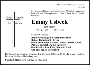 Traueranzeige von Emmy Usbeck von Südthüringer Presse