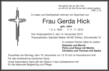 Traueranzeige von Gerda Hick von Frankenpost