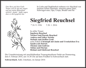Traueranzeige von Siegfried Reuschel von Südthüringer Presse