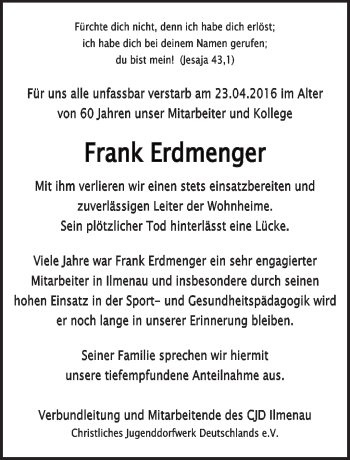 Traueranzeige von Frank Erdmenger von Südthüringer Presse