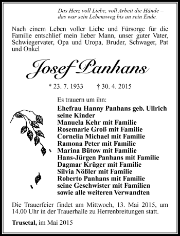 Traueranzeige von Josef Panhans von Südthüringer Presse