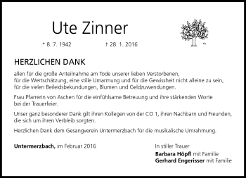 Traueranzeige von Ute Zinner von Neue Presse Coburg