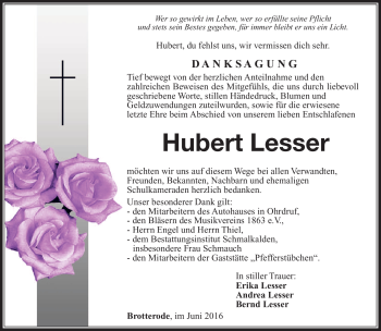 Traueranzeige von Hubert Lesser von Südthüringer Presse