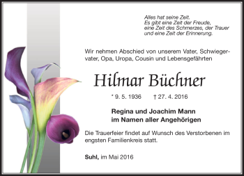 Traueranzeige von Hilmar Büchner von Südthüringer Presse