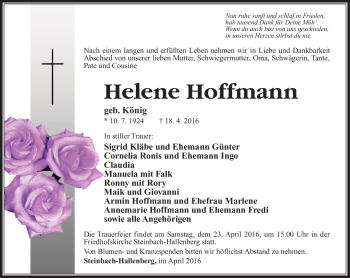 Traueranzeige von Helene Hoffmann von Südthüringer Presse