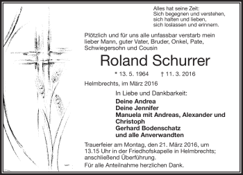 Traueranzeige von Roland Schurrer von Frankenpost