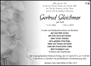 Traueranzeige von Gertruf Gleichmar von Südthüringer Presse