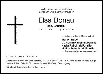 Traueranzeige von Elsa Donau von Neue Presse Coburg