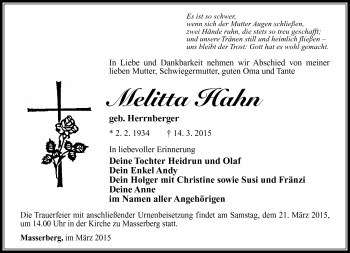 Traueranzeige von Melitta Hahn von Südthüringer Presse