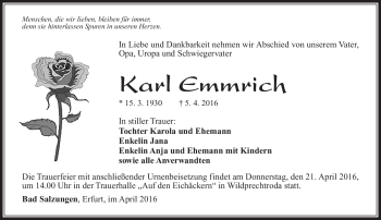 Traueranzeige von Karl Emmrich von Südthüringer Presse