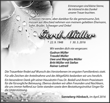 Traueranzeige von Gerd Müller von Südthüringer Presse
