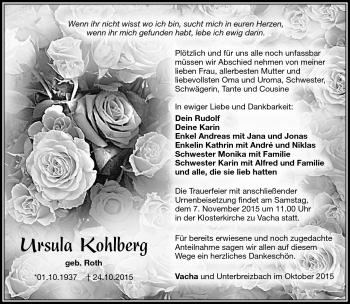Traueranzeige von Ursula Kohlberg von Südthüringer Presse