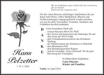 Traueranzeige von Hans Pelzetter von Südthüringer Presse
